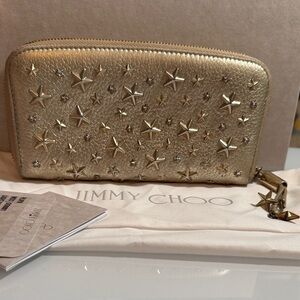 Jimmy Choo Metallic Gold Star Studded Long Zippy Wallet Clutch Full Inclusion